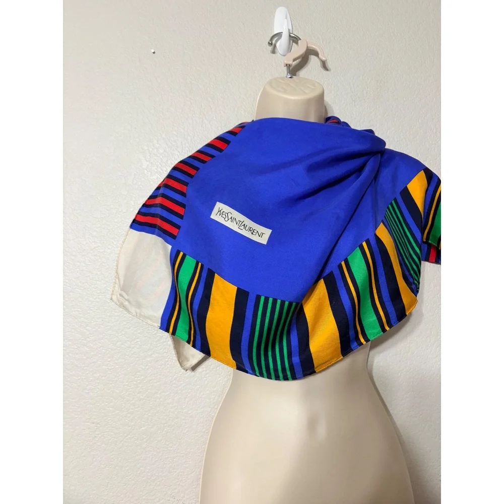 Vintage Yves Saint Laurent Silk Scarf Blue Striped Geometric Square 34in